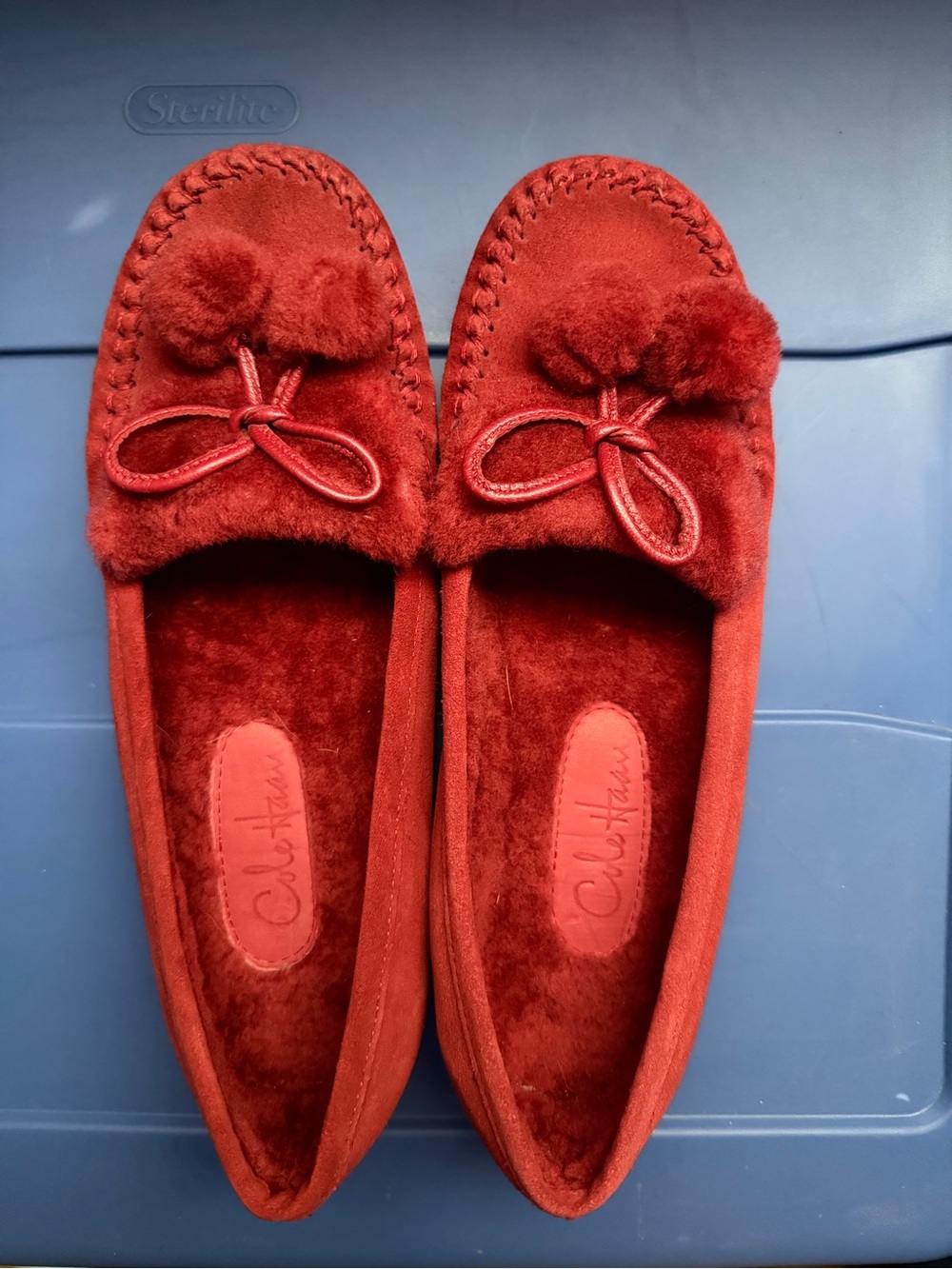 Cole Haan Red Pom-Pom Moccasin Slippers